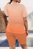 Casual Letter Gradient Print O Neck Short Sleeve Oversize T-shirt And Shorts Two Pieces Shorts Sets