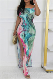 Casual Graphics Print Off Shoulder Side Slit Long Formal Party Evening Bodycon Maxi Dresses