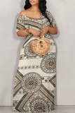 Casual Graphics Print Off Shoulder Short Sleeve Floor Length Loose Vacation Maxi T-shirt Dresses
