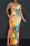 Casual Graphics Print Off Shoulder Side Slit Long Formal Party Evening Bodycon Maxi Dresses