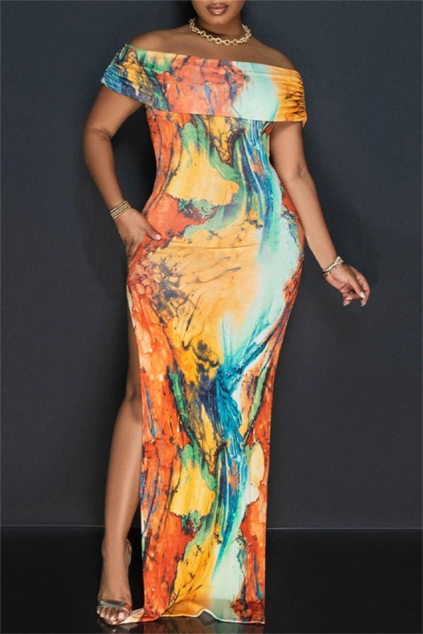 Casual Graphics Print Off Shoulder Side Slit Long Formal Party Evening Bodycon Maxi Dresses