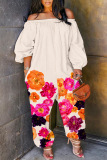 Casual Floral Print Off Shoulder Long Sleeve Regular Vacation Harem Leg Jumpsuits