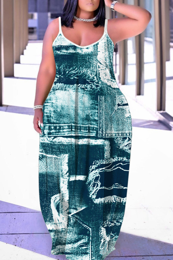 Sleeveless Graphics Print Backless Spaghetti Strap Floor Length Long Baggy Vacation Maxi Slip Dresses