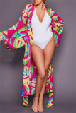Casual Graphics Print Long Cardigan Belted Vacation Beach Swimwears Cover Up