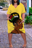 Casual Graphics Print V Neck Short Sleeve Pockets Straight Loose T Shirt Midi Dresses
