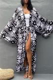 Casual Graphics Print Long Cardigan Belted Vacation Beach Swimwears Cover Up