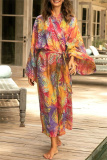 Casual Graphics Print Long Cardigan Belted Vacation Beach Swimwears Cover Up
