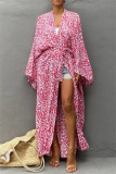 Casual Graphics Print Long Cardigan Belted Vacation Beach Swimwears Cover Up