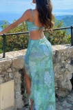 Sexy Floral Print Backless Sleeveless Irregular Belted Crop Tops And Side Slit Ruffle Trim Maxi Skirt Vacation Two Pieces Skirt Sets