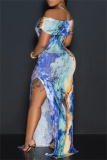 Casual Graphics Print Off Shoulder Side Slit Long Formal Party Evening Bodycon Maxi Dresses