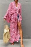 Casual Graphics Print Long Cardigan Belted Vacation Beach Swimwears Cover Up