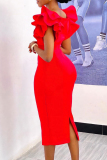 Celebrities Zipper Square Neck Ruffle Sleeve Slit Wrapped Skirt Bodycon Midi Dresses