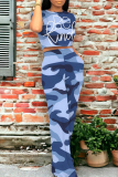 Casual Camouflage Print O Neck Short Sleeve Pocket Crop Tops And Wide Leg Pants Two Pieces Trouser Set