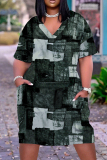 Casual Graphics Print V Neck Short Sleeve Pockets Loose T Shirt Midi Dresses