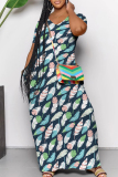 Casual Graphics Print V Neck Short Sleeve Floor Length Long Pockets Vacation Loose T-shirt Midi Dresses