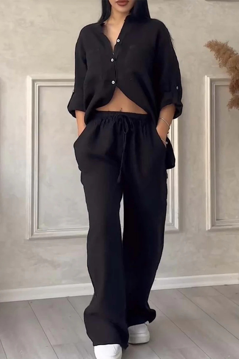 3/4 Sleeve Front Button Top and Trousers Two-Piece Set