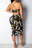 Sexy Graphics Print Backless Sleeveless Spaghetti Strap Long Vacation Bodycon Midi Slip Dresses