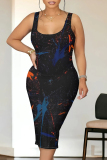 Casual Leopard Print U Neck Sleeveless Bodycon Midi Tank Dresses