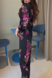 Formal Floral Print V Neck Long Sleeve Front Slit Wrapped Skirt Party Evening Vacation Bodycon Maxi Dresses