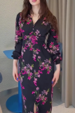Formal Floral Print V Neck Long Sleeve Front Slit Wrapped Skirt Party Evening Vacation Bodycon Maxi Dresses