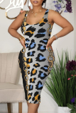 Casual Leopard Print U Neck Sleeveless Bodycon Midi Tank Dresses