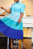 Casual Colorblock Bow Tie Neck Hubble-Bubble Sleeve Belted Vacation Formal Party Evening Plus Size A Line Pleated Maxi Dresses