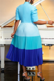 Casual Colorblock Bow Tie Neck Hubble-Bubble Sleeve Belted Vacation Formal Party Evening Plus Size A Line Pleated Maxi Dresses