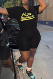 Casual Letters Print V Neck Short Sleeve Slim Fitted T-shirt And Shorts Two Pieces Shorts Sets