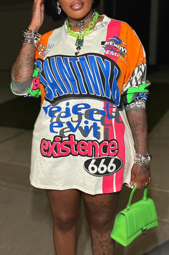 Casual Graphics Print O Neck Long Sleeve Straight Loose T-shirt Mini Dresses