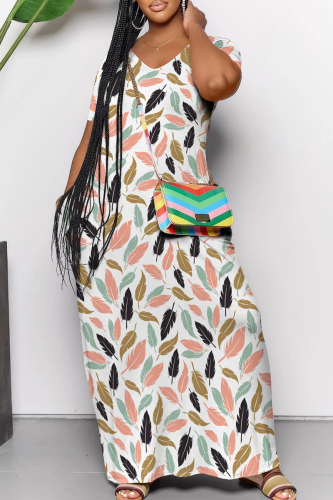 Casual Graphics Print V Neck Short Sleeve Floor Length Long Pockets Vacation Loose T-shirt Midi Dresses