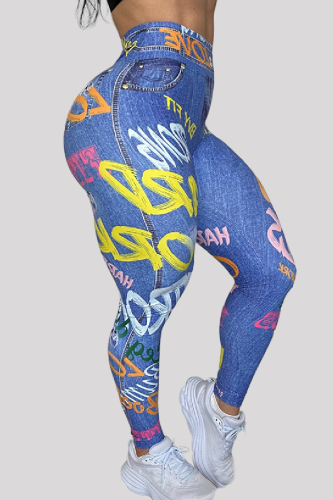 Casual Sportswear Letter Faux Denim Print High Waist Pencil Skinny Yoga Pants Butt-Lifting Leggings Casual Sportswear Letter Faux Denim Print High Waist Pencil Skinny Yoga Pants Butt-Lifting Leggings