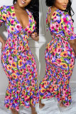 Casual Floral Print V Neck Short Sleeve Ruffle Hem Vacation Bodycon Maxi Dresses