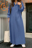 Casual POLO Collar Long Sleeve Pocket Irregular Loose Vacation A Line Denim Maxi Dresses