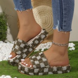 Casual Plaid Print Round Outdoor Wedges Shoes Summer Beach Platform Slide Sandals