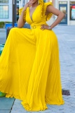 Formal Small Flying Sleeve Short Sleeve With Belt Cinch Waist Vacation Party Evening Pleated Wide Leg Jumpsuits
