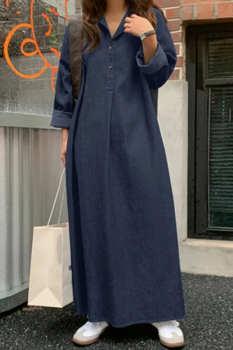 Casual POLO Collar Long Sleeve Pocket Irregular Loose Vacation A Line Denim Maxi Dresses