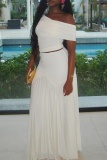 Casual Off Shoulder Short Sleeve Crop Tops And Pleated Maxi Skirt Vacation Two Pieces Dress Sets