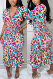 Casual Floral Print V Neck Short Sleeve Ruffle Hem Vacation Bodycon Maxi Dresses