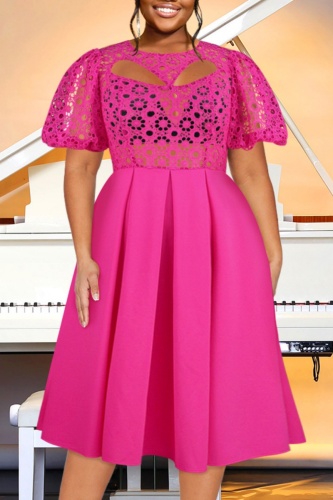 Sexy Lace Flower Print O Neck Hubble-Bubble Sleeve Hollow Out See-Through Cinch Waist Formal Party Evening A Line Pleated Midi Dresses