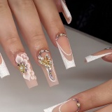 Floral Butterfly Rhinestone Decor Removable Square French Press On Long Nail Art Tips