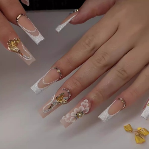 Floral Butterfly Rhinestone Decor Removable Square French Press On Long Nail Art Tips