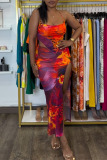 Sexy Multicolor Print Spaghetti Strap Sleeveless Cami Crop Tops And Side Slit Maxi Skirt Vacation Two Pieces Dress Sets