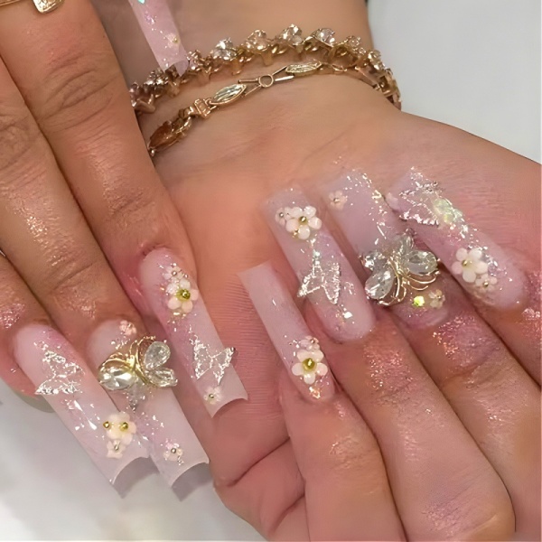 Casual Butterfly Flowers Decor Extra Long French Square Press On Nail Art