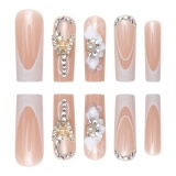 Floral Butterfly Rhinestone Decor Removable Square French Press On Long Nail Art Tips