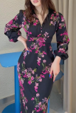 Formal Floral Print V Neck Long Sleeve Front Slit Wrapped Skirt Party Evening Vacation Bodycon Maxi Dresses