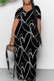 Casual Graphics Print V Neck Short Sleeve Floor Length Pockets Loose Maxi T-shirt Dresses