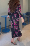 Formal Floral Print V Neck Long Sleeve Front Slit Wrapped Skirt Party Evening Vacation Bodycon Maxi Dresses