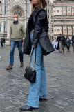 Formal Cardigan Turn-back Collar Long Sleeve Office Lady Leather Blazer Jacket