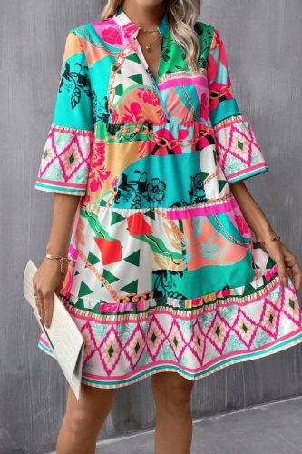 Casual Poho Print V Neck Flare Sleeve Ruffle Hem Vacation A Line Loose Mini Shirt Dresses