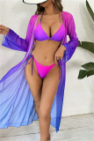 Casual Gradient Print Belted Bikini Sets Vacation Beach Long Cardigan Cover Up Three Piece Swimsuit Set (With Paddings)